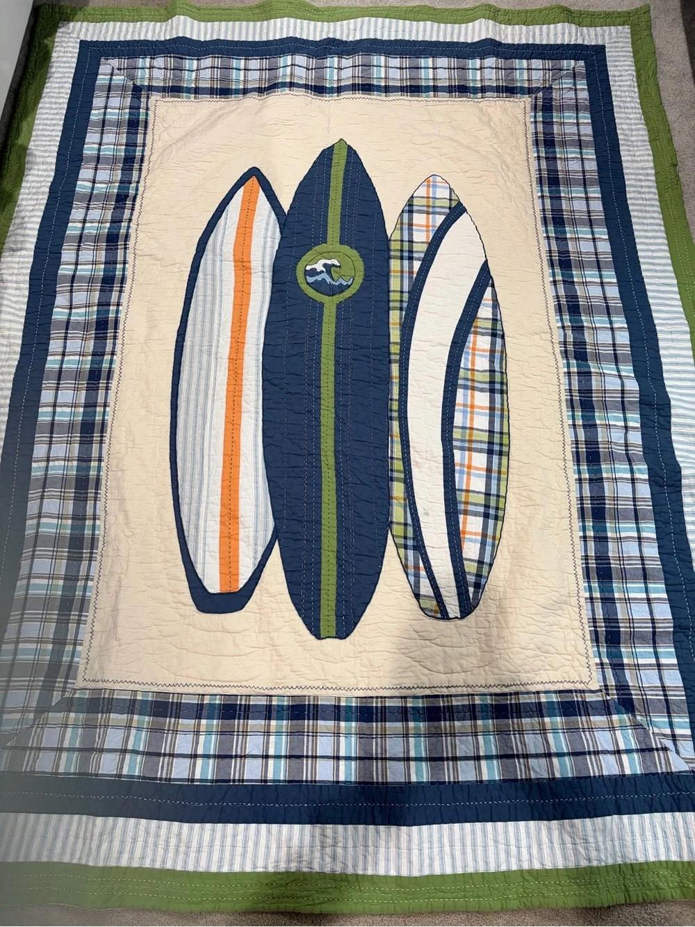 Pottery Barn Kids Surf Embroidered Bedspread, Twin Navy & Cream Surfboard Quilt
